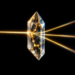 Un prisme de cristal qui sépare un rayon en trois faisceaux dorés.