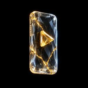 Un téléphone de cristal, un bouton de lecture doré devant l'écran.