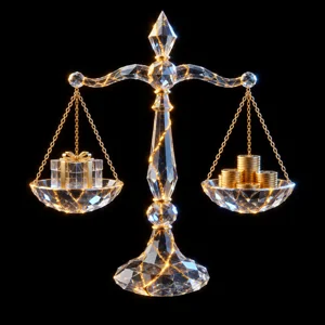 Une balance de cristal, un colis d'un côté, des pièces d'or de l'autre.