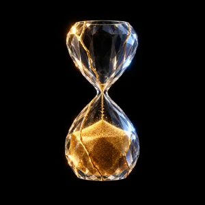 Un sablier de cristal dont le bulbe du haut est vide, tout le sable d'or tombé en bas.
