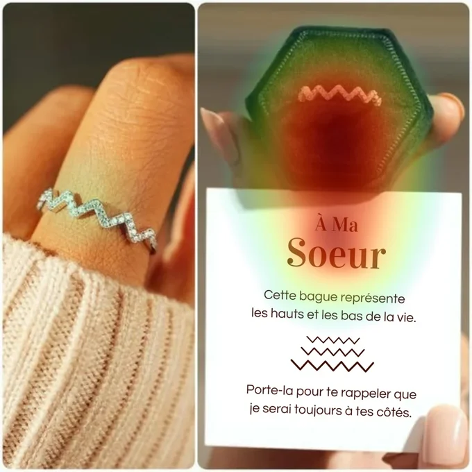 La publicité recouverte de sa carte d'attention : la chaleur couvre l'écrin et le mot « Sœur », et laisse la bague portée presque froide.