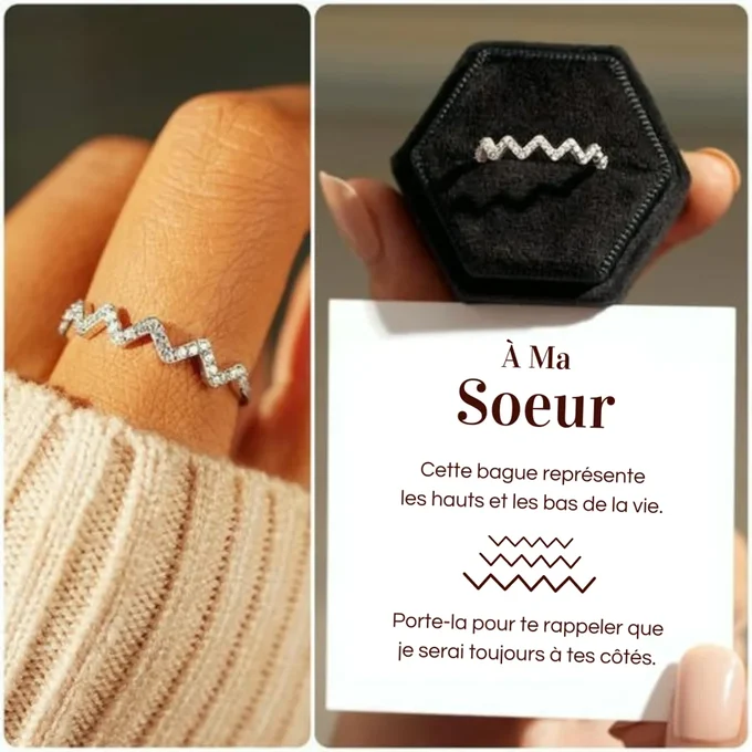 Publicité Amare Jewels : à gauche une bague zigzag portée au doigt, à droite l'écrin noir et une carte « À Ma Sœur, cette bague représente les hauts et les bas de la vie ».