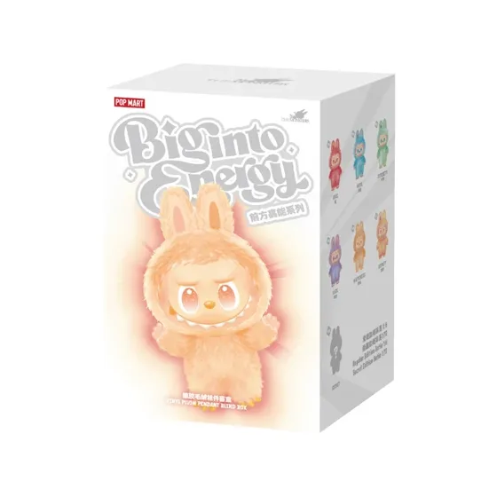 Une boîte mystère Pop Mart de la série Big into Energy, la figurine Labubu imprimée dessus.