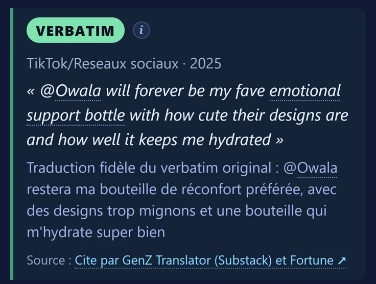 Une citation de cliente étiquetée VERBATIM, prise sur les réseaux sociaux en 2025, avec sa traduction fidèle en français et le lien vers sa source.