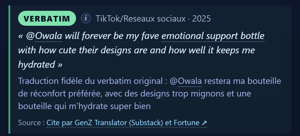 Une citation de cliente étiquetée VERBATIM, prise sur les réseaux sociaux en 2025, avec sa traduction fidèle en français et le lien vers sa source.